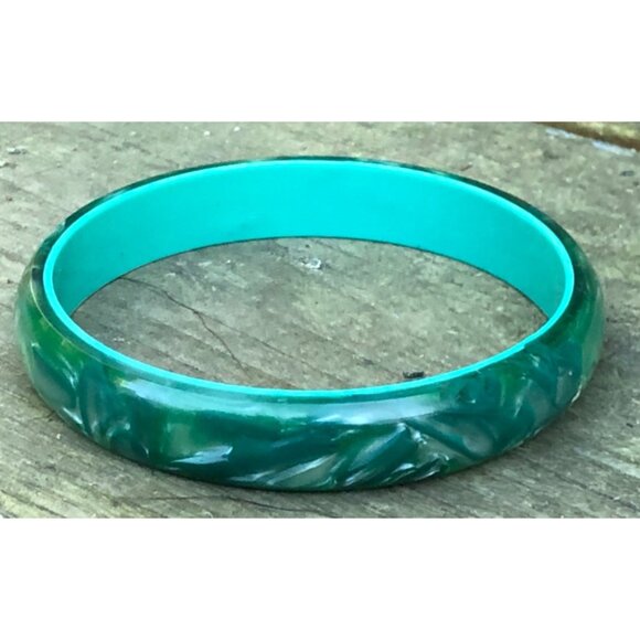 unique Vintage 1960s Marbled Dark Green Moon Glow Lucite Thermoset Bangle - Picture 4 of 6